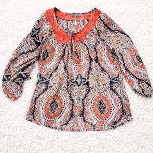 Umgee Paisley Boho Blouse Orange Blue 3/4 Sleeve Size S